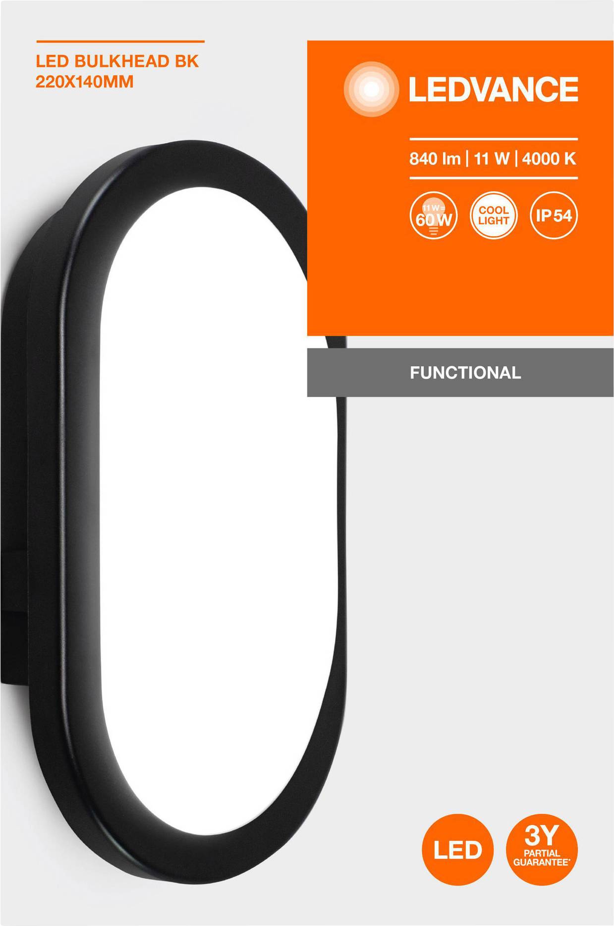 LED-Wandleuchte, oval, schwarz umrandet, mit Glühbirnenoptionen: 11 W, 4000 K. Merkmale: Geringer Energieverbrauch, kühles Licht.