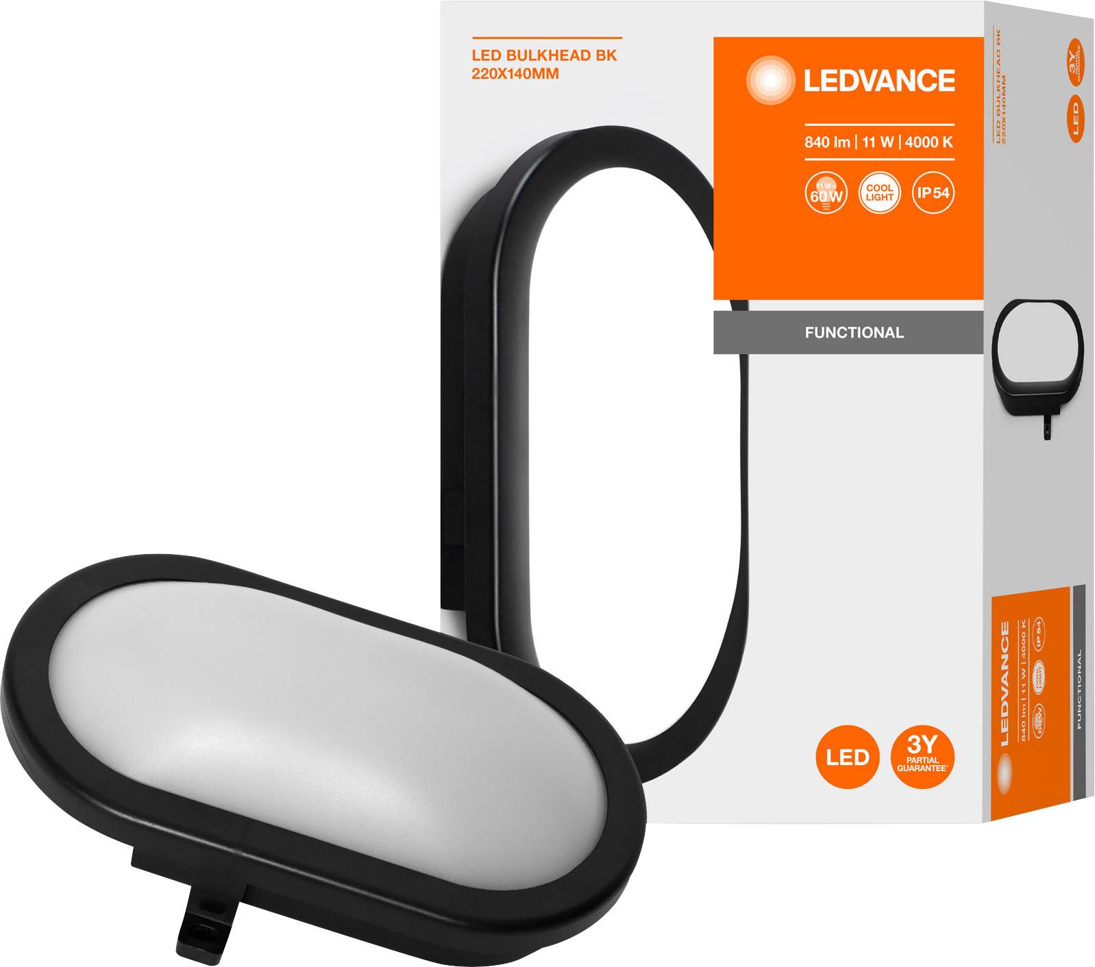 LED-Vorrichtung in ovaler Form vor und auf einer Verpackung mit der Aufschrift 'LEDVANCE'. Geeignet für funktionale Beleuchtung.