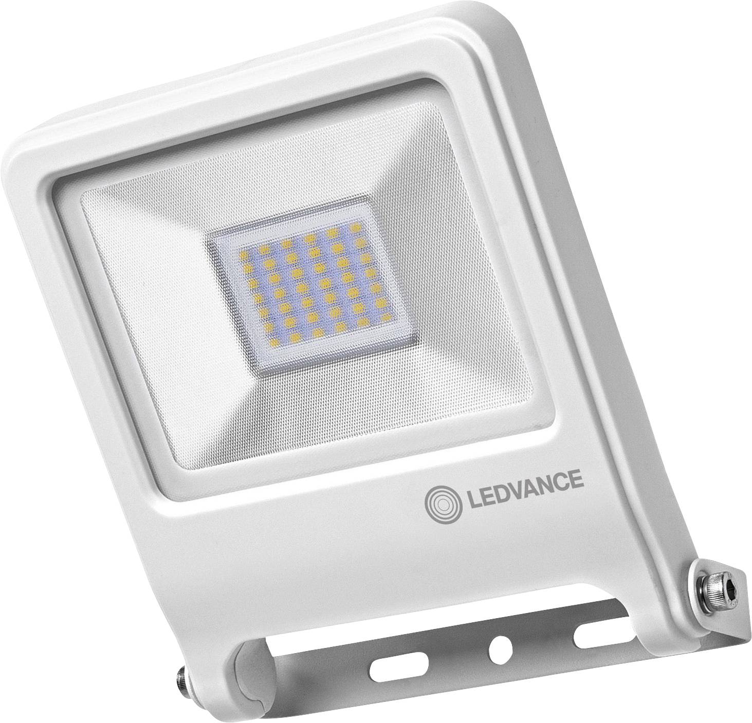 LED-Strahler von Ledvance, rechteckig weiß, mit sichtbarer LED-Matrix, auf einem verstellbaren Metallhalter.