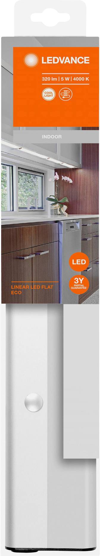LED-Lichtleiste von "LEDVANCE", geeignet für Küchenbeleuchtung, energiesparend (LED, 3W). Verpackung zeigt eine Küchenzeile.