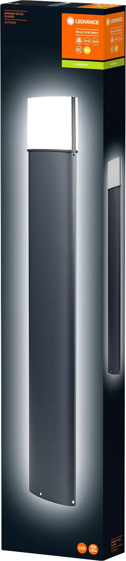 Verpackung einer Osram LED-Gartenleuchte in Schwarz und Silber, vertikal ausgerichtet. Enthält technische Details und das Firmenlogo.