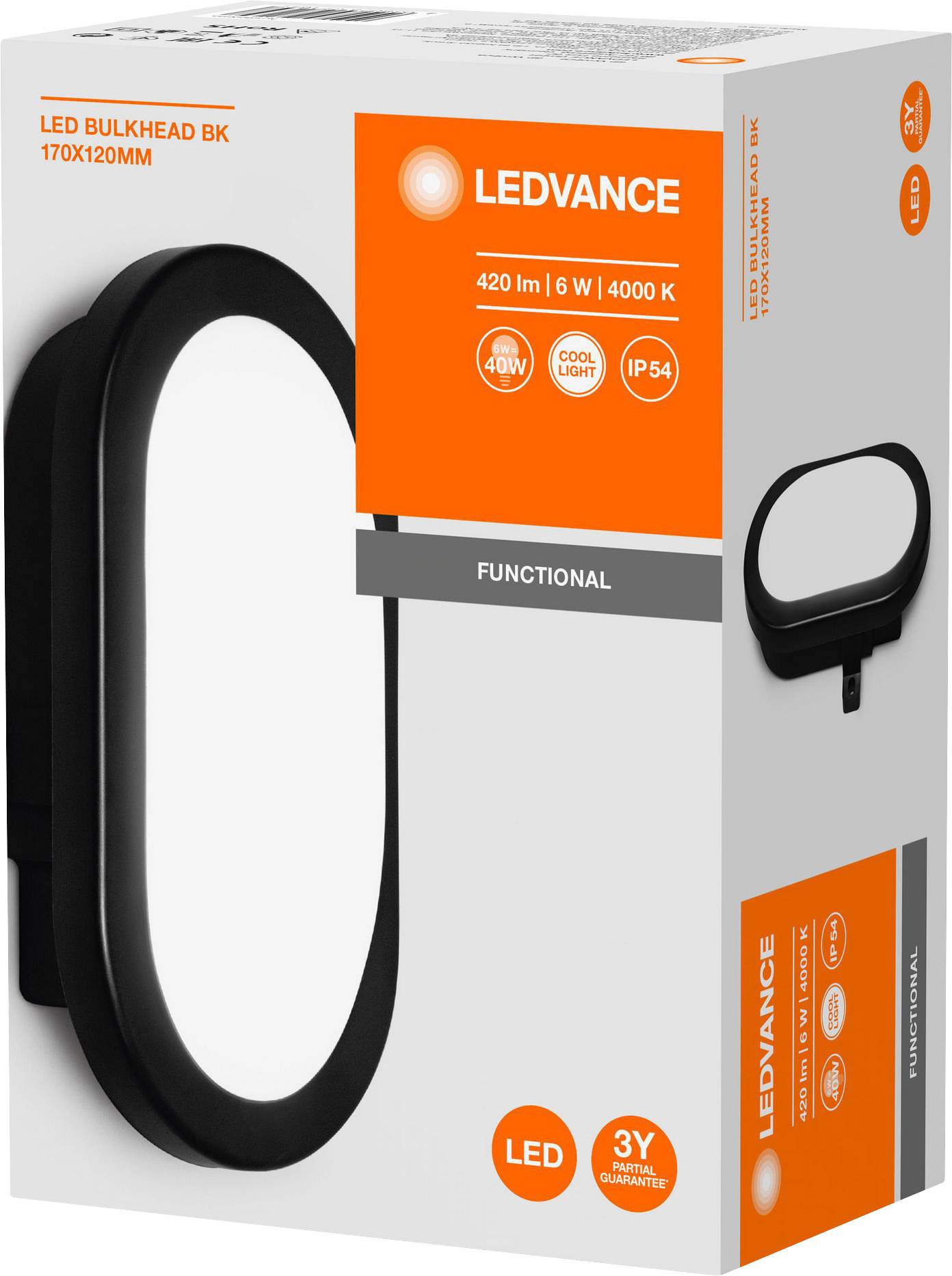 Außenleuchte in ovaler Form mit schwarzem Rand. Verpackung zeigt Spezifikationen: 420 lm, 6 W, 4000 K, IP54, LED, 3 Jahre Garantie.