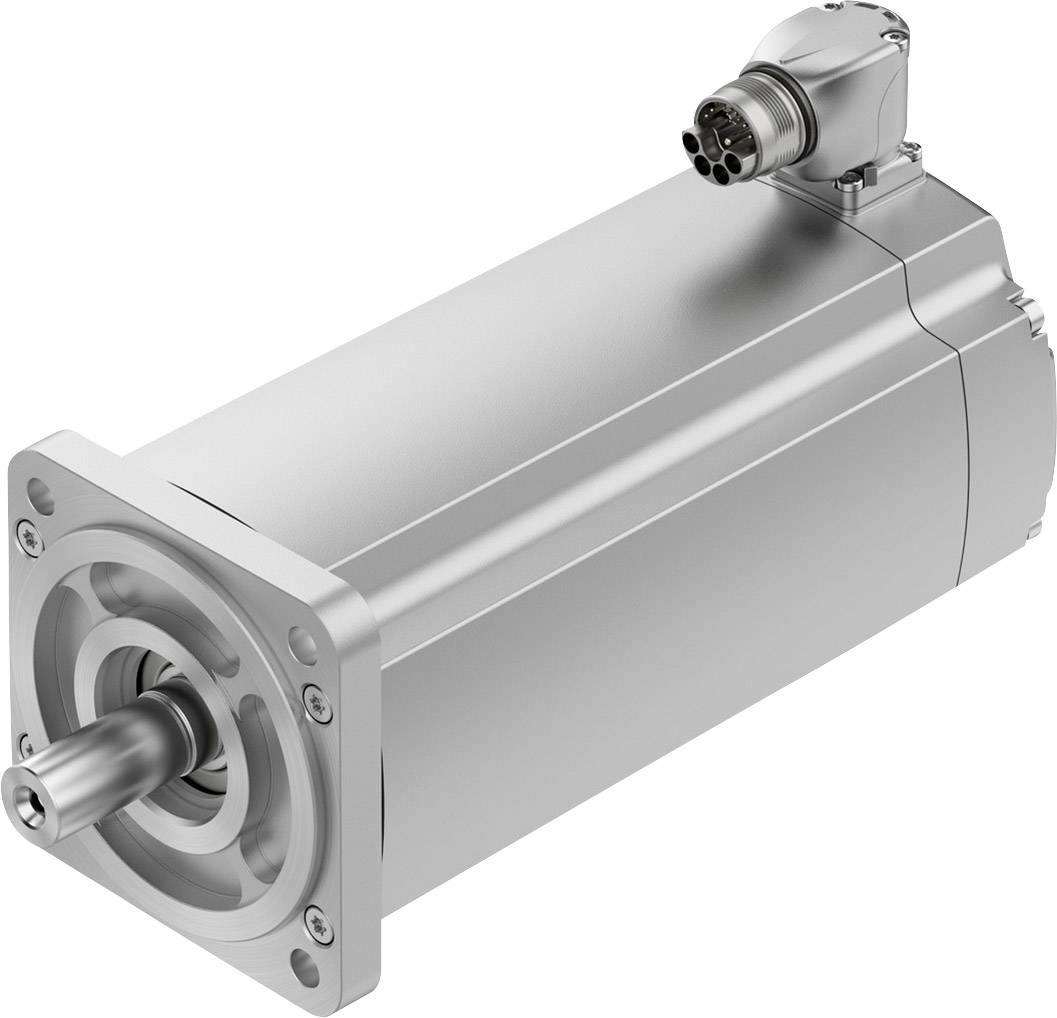 Silberner Elektromotor mit zylindrischem Gehäuse und Flansch, an dem Kabelanschlüsse oben angebracht sind, steht aufrecht.