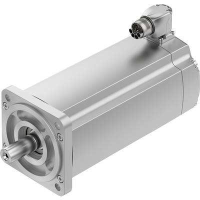 Silberner Elektromotor mit zylindrischem Gehäuse und Flansch, an dem Kabelanschlüsse oben angebracht sind, steht aufrecht.
