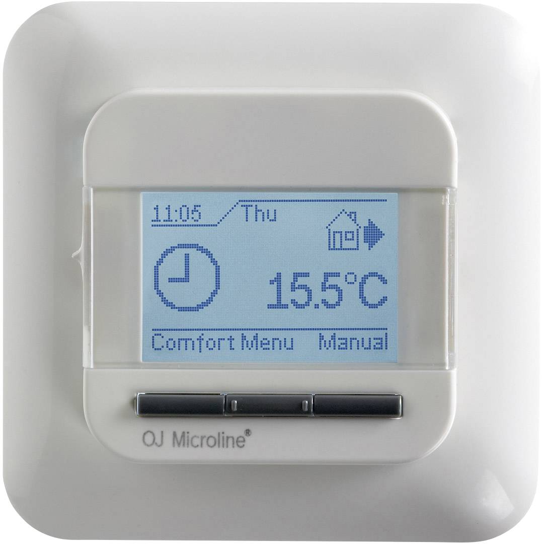 Ein Thermostat zeigt die Uhrzeit 11:05, Wochentag 'Thu', Temperatur 15,5°C, und Modi 'Comfort Menu' und 'Manual' an.