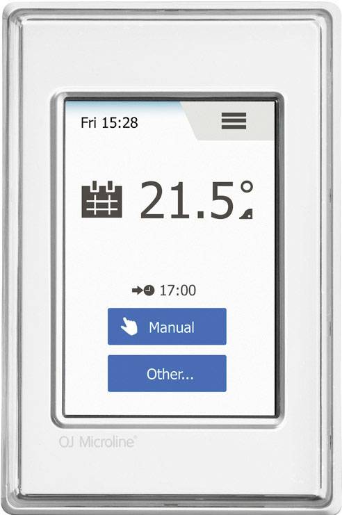 Thermostat-Anzeige mit 21,5 °C. Zeit 15:28. Einstellungen für 'Manuell' oder 'Andere'. Symbol für Zeitplanung um 17:00 Uhr.