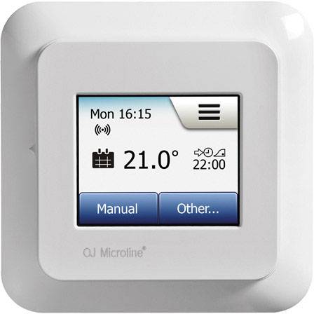 Thermostat mit digitalem Display zeigt 'Mon 16:15', Temperatur '21.0°', Symbole für WLAN und Uhrzeit '22:00', Tasten 'Manual', 'Other...'.