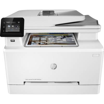 Ein weißer Multifunktionsdrucker mit eingebautem Bildschirm, zeigt ein farbiges Dokument im Ausgabefach.