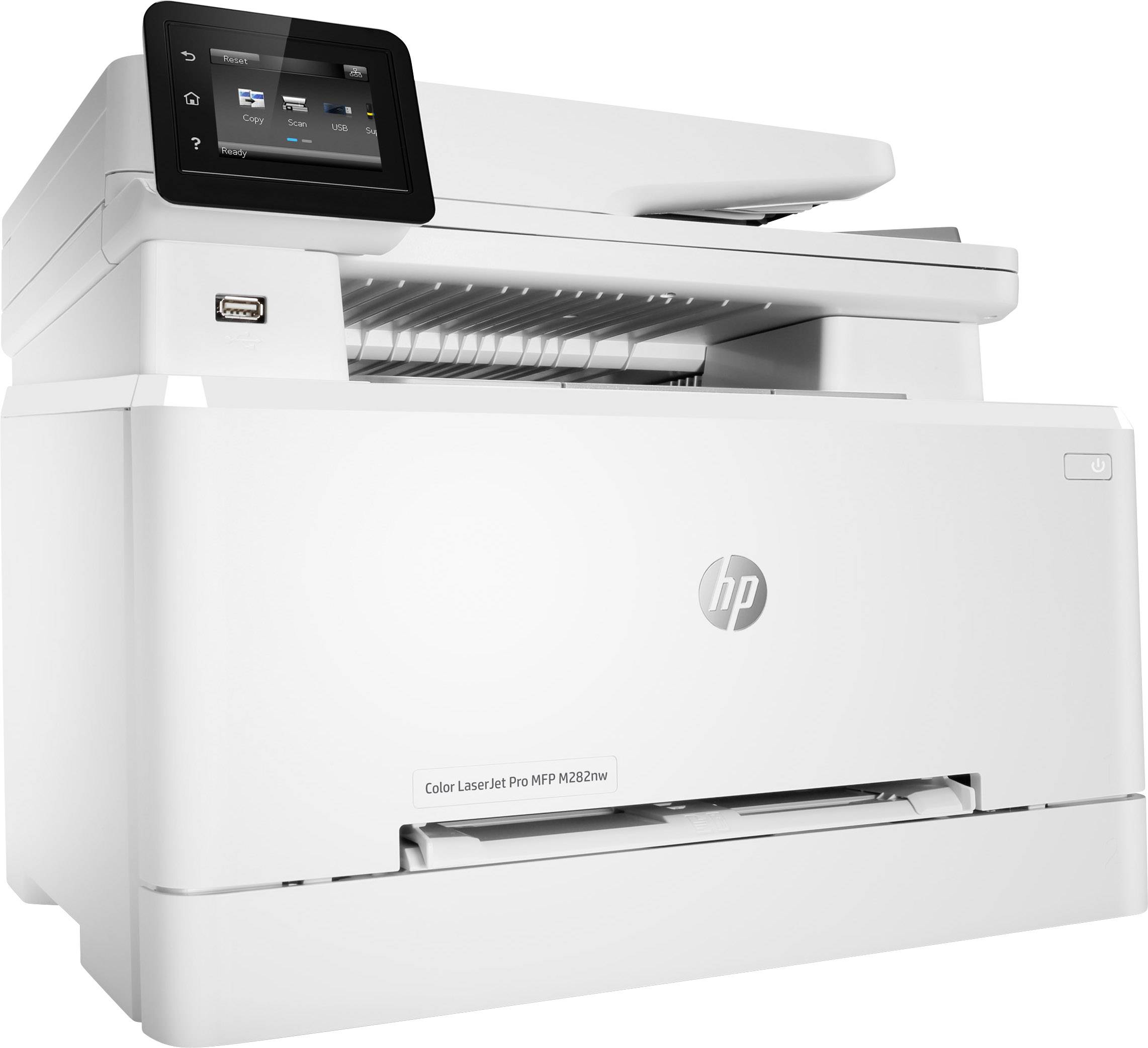 Ein weißer HP Color LaserJet Pro Drucker mit einem digitalen Bedienfeld oben links, geeignet für Büros oder Homeoffice.