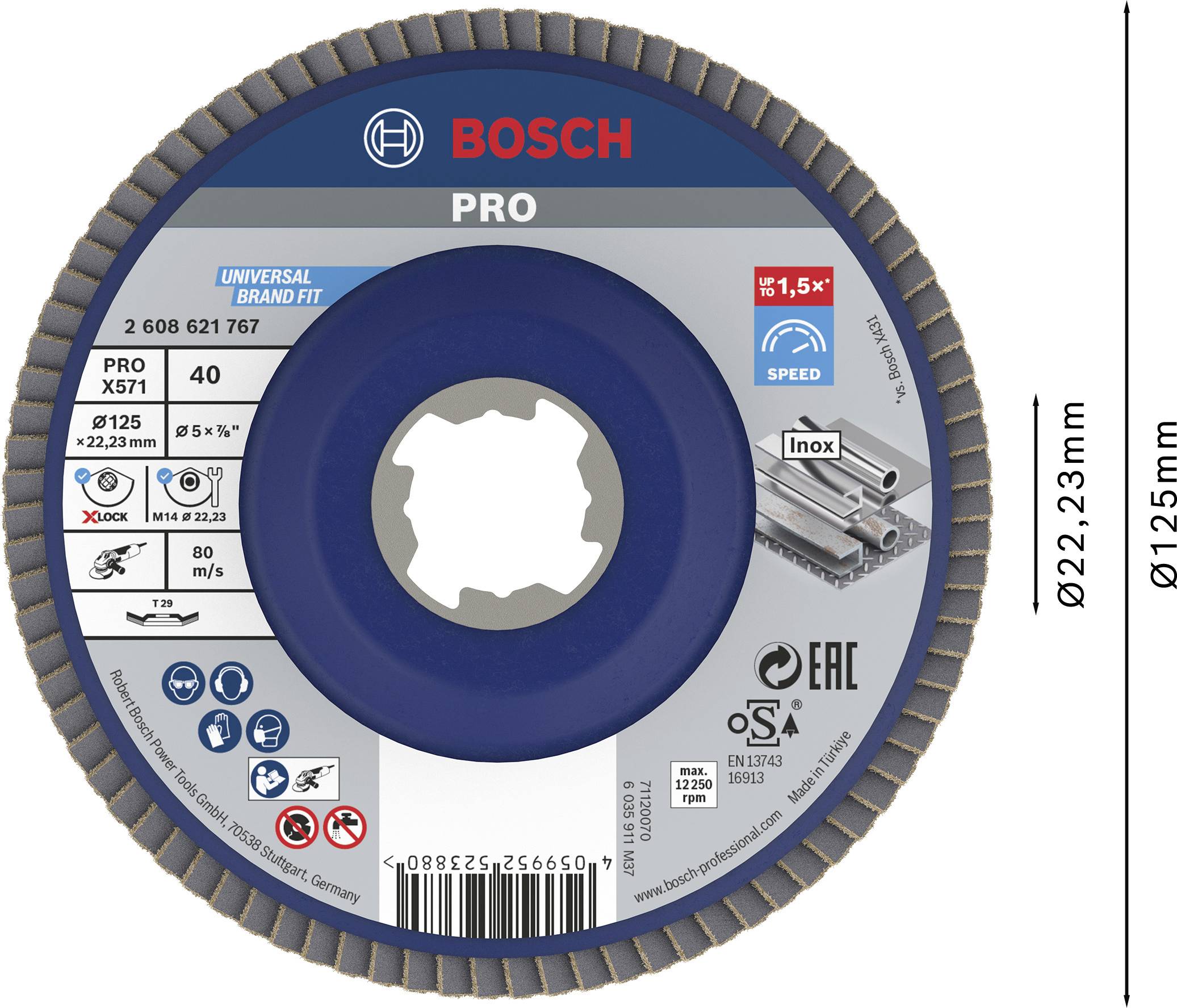 Bosch Schleifscheibe. Durchmesser: 125 mm, Bohrung: 22,23 mm. Geeignet für Inox. Geschwindigkeitslabel: 80 m/s, ISO 13942.