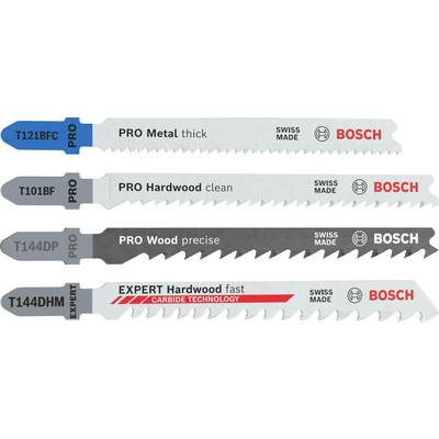 Fünf Stichsägeblätter für unterschiedliche Materialien: Metall, Hartholz und Holz. Markenname 'Bosch' und 'Swiss Made' sichtbar.