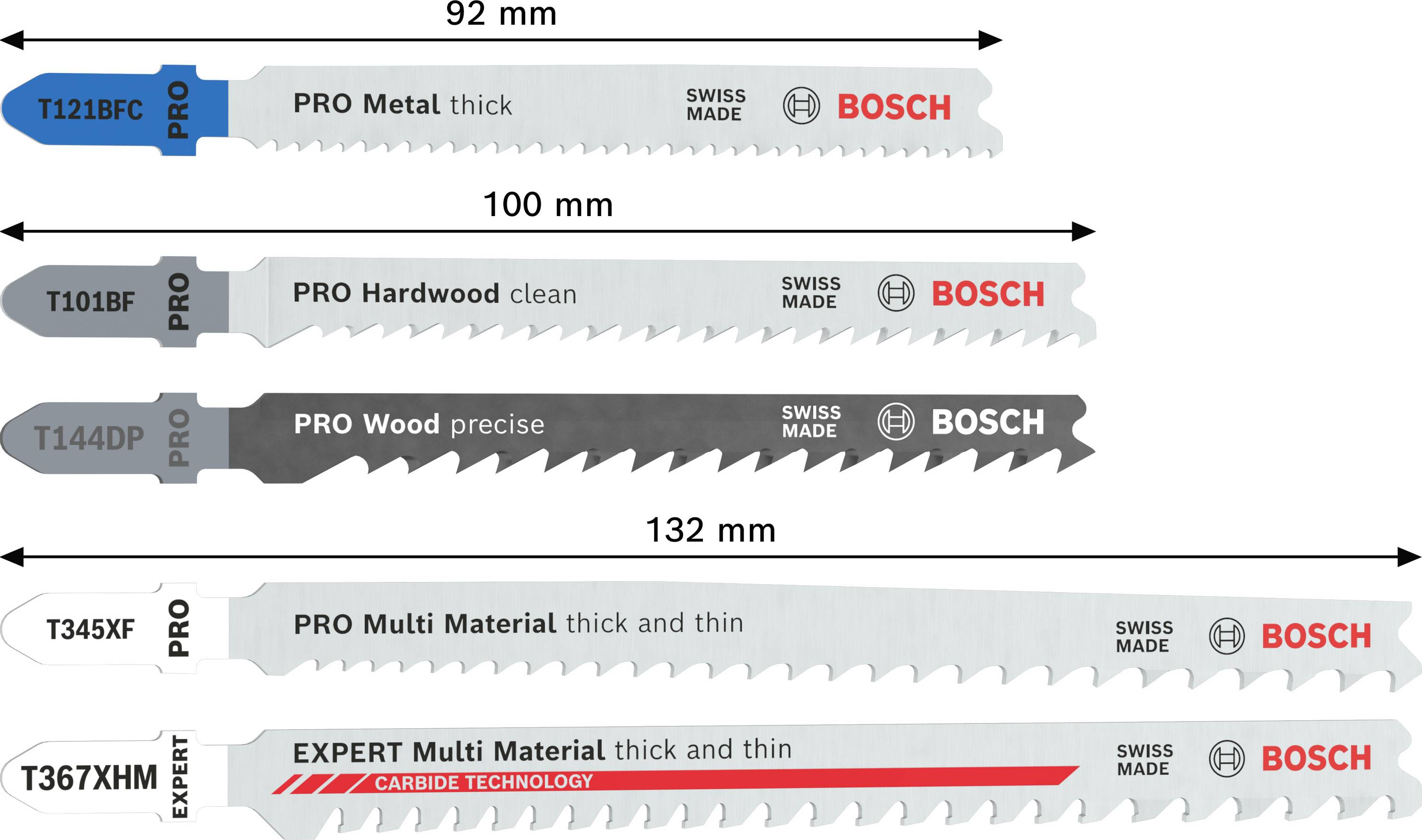 'Drei PRO-Sägeblätter: Metall, Hartholz, Holz; zwei EXPERT-Sägeblätter: Multi Material. Bosch-Logo. Längen: 92 mm und 132 mm.'
