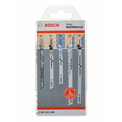 'Satz Bosch Multimaterial-Sägeblätter, 15-teilig, in Kunststoffverpackung; verschiedene Farben und Arten für unterschiedliche Anwendungen.'