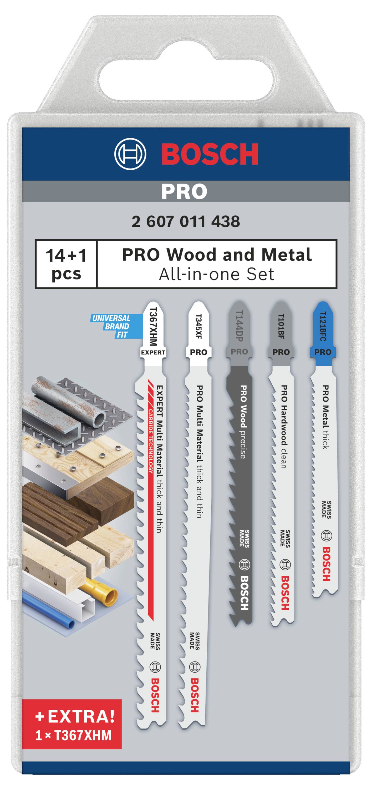 Bosch All-in-one Set von 14+1 Sägeblättern für Holz und Metall, detailierte Ansicht der Verpackung und der verschiedenen Sägeblätter.