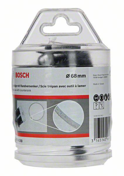 Bimetall-Bohrkrone der Marke Bosch mit einem Durchmesser von 68 mm, geeignet für Holz- und Metallbohrungen, abgebildet in Verpackung.