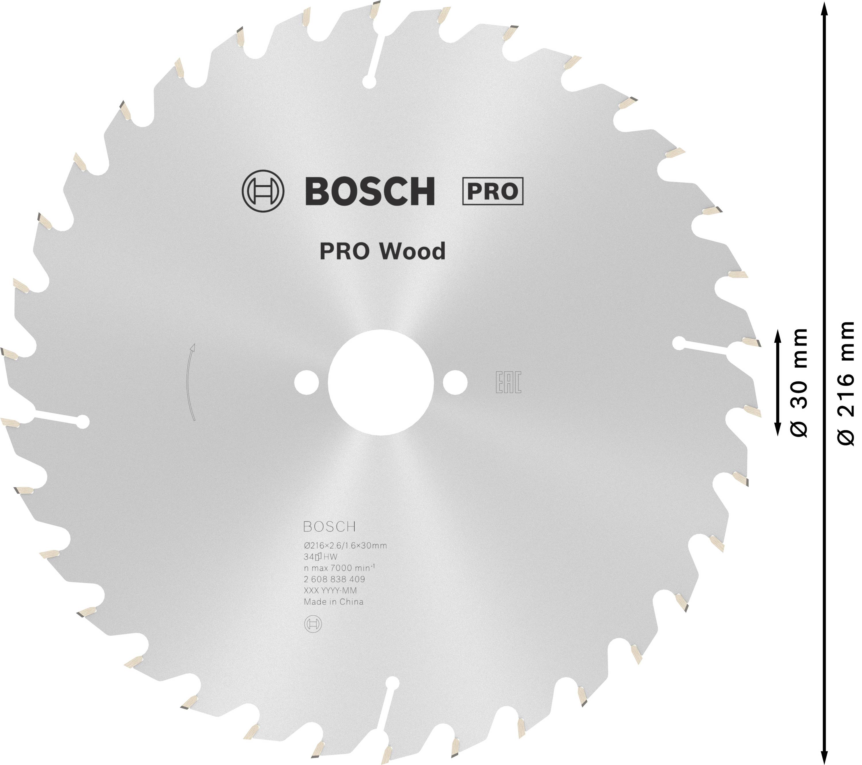 Kreissägeblatt mit Aufschrift 'BOSCH PRO Wood', geeignet für Holzarbeiten, Durchmesser 216 mm, Bohrung 30 mm.