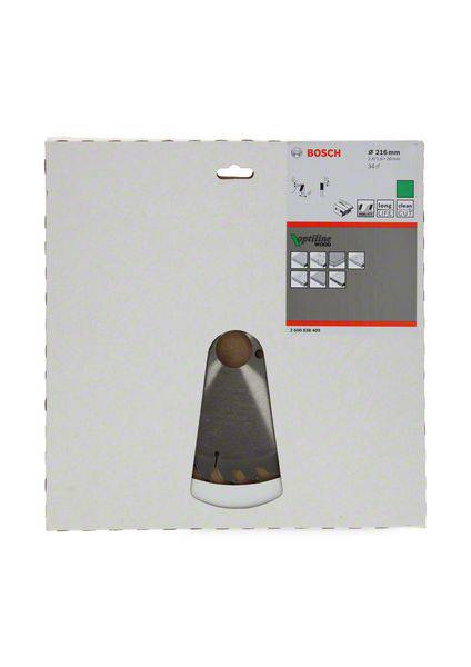 Verpackung einer Bosch-Sägeblattaufnahme, teils durchsichtig, zeigt Produkt. Links oben Markenlogo, rechts Daten: '# 216 mm', '36t'.
