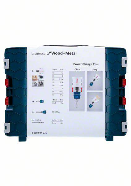 'Metall- und Holzbohrer-Set, Power Change Plus System, zeigt Kompatibilität und Anwendungsschritte, in einem robusten Koffer.'