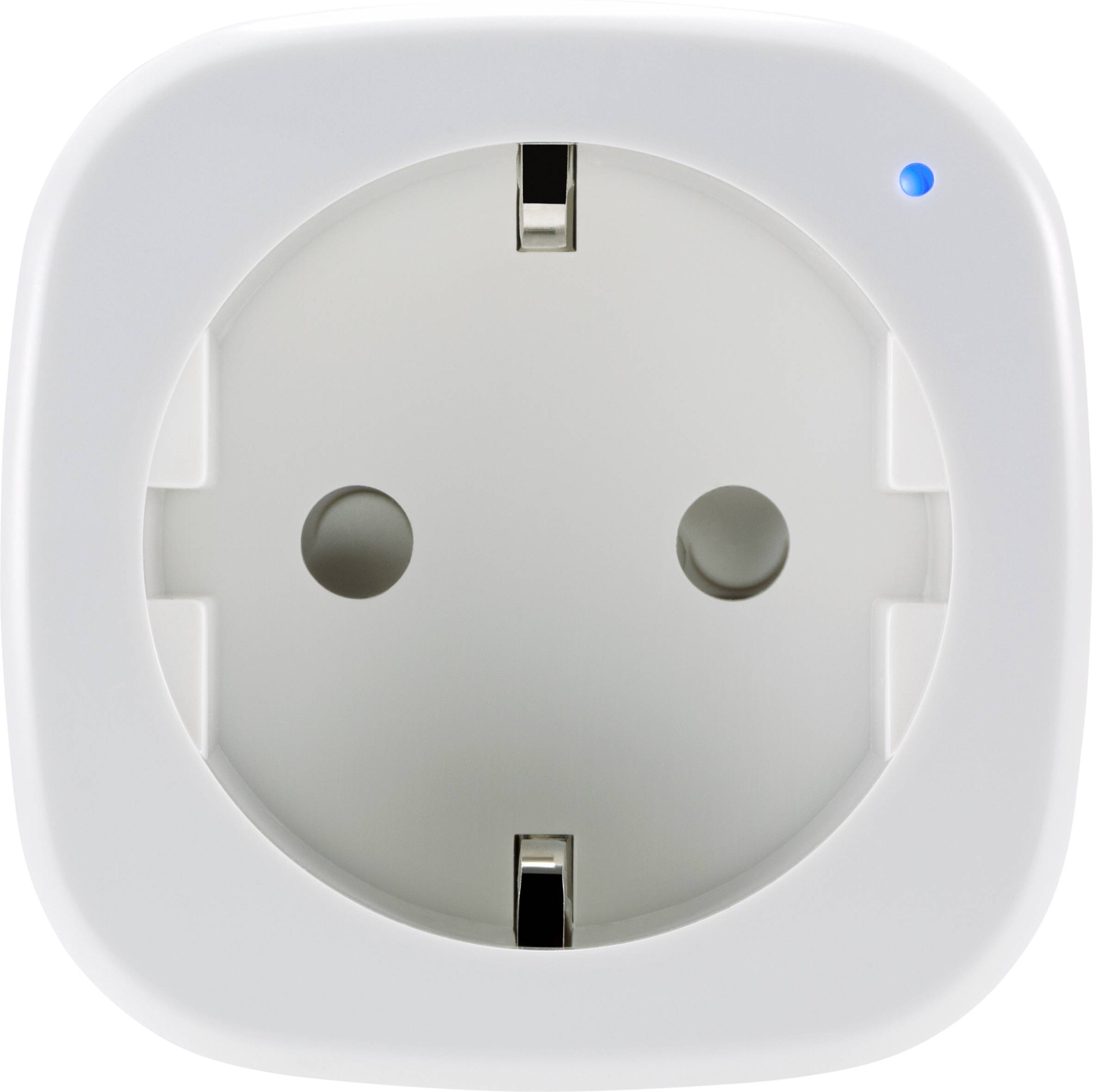 Weiße Steckdose mit blauer LED-Anzeige oben rechts. Geeignet für den Anschluss von elektrischen Geräten.