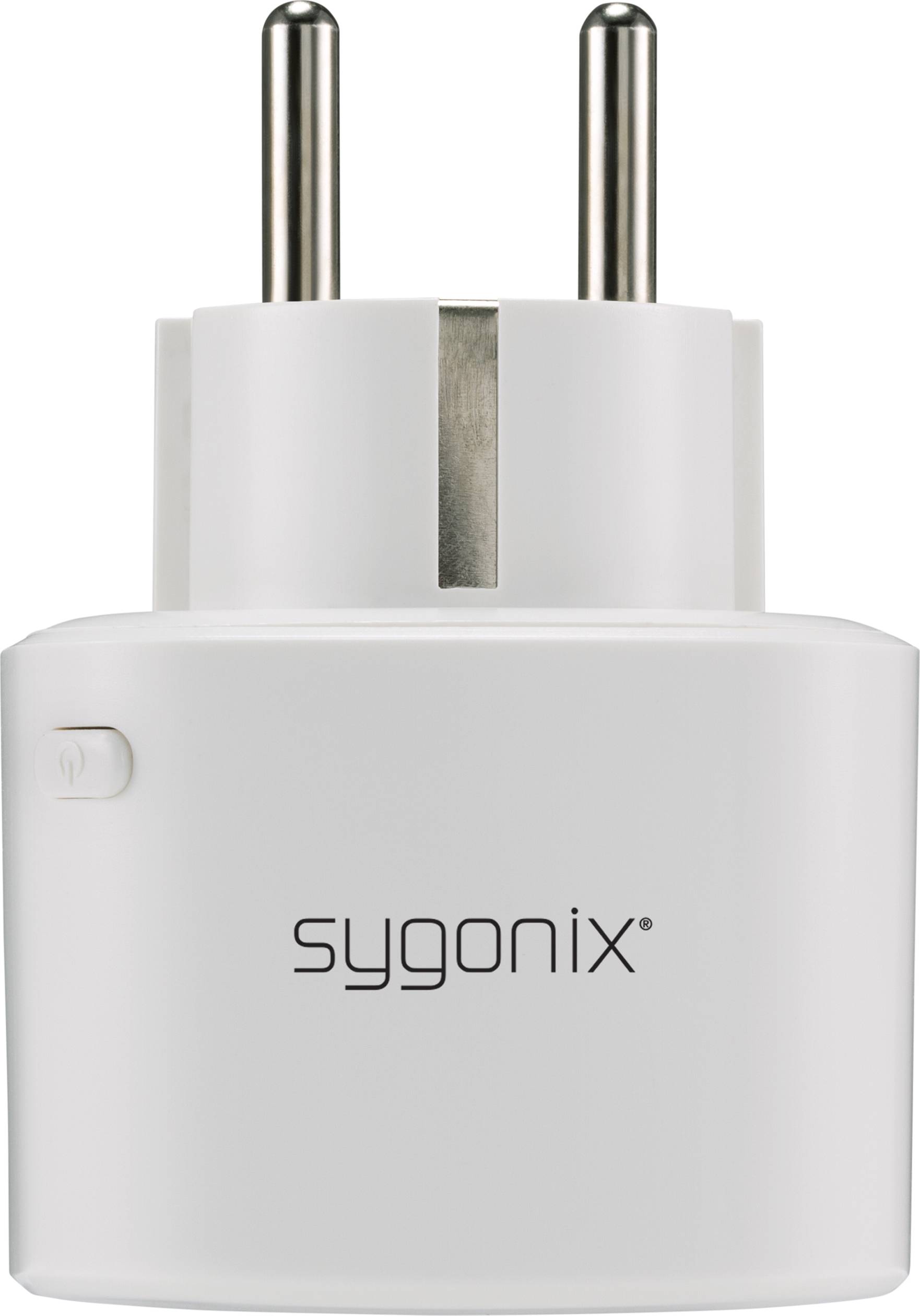 Ein weißer Steckdosenadapter der Marke "sygonix" mit zwei Metallstiften zur elektrischen Verbindung.