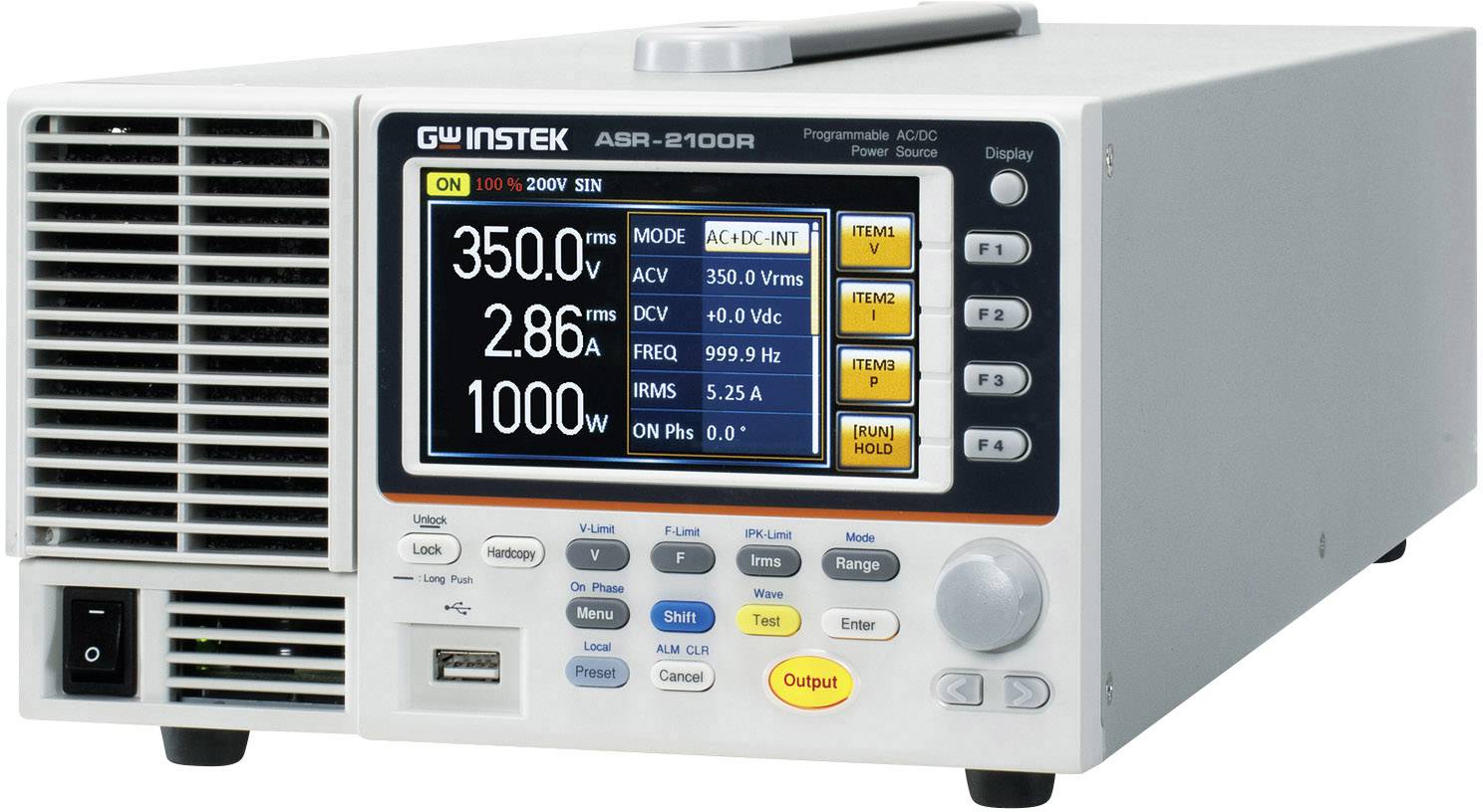 Programmierbare AC-Netzquelle mit Anzeige: Spannung 350.0 V, Strom 2.86 A, Frequenz 1000 Hz. Verschiedene Bedienelemente sichtbar.