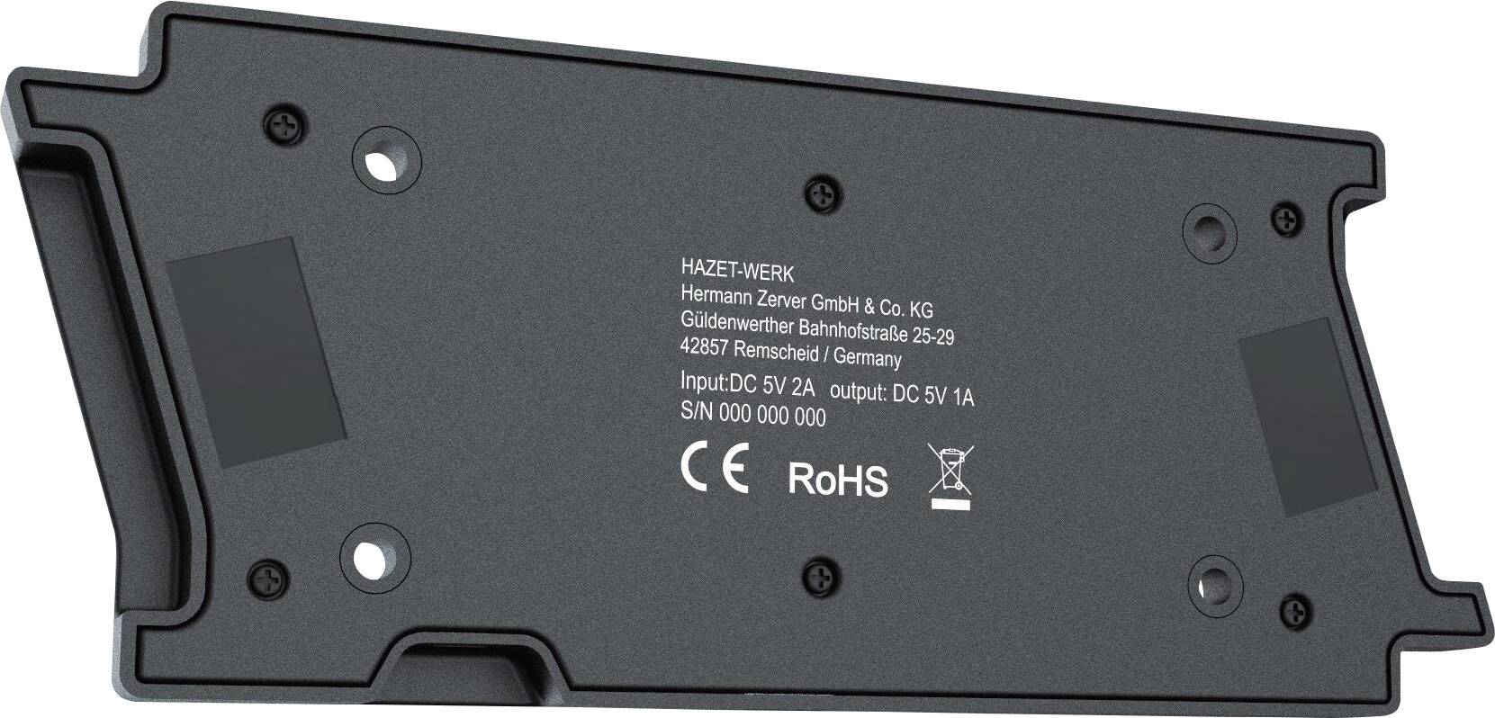 Unterseite eines elektronischen Geräts mit Angaben zu Hersteller, Modellnummer und elektrischen Spezifikationen in weißer Schrift auf schwarzem Hintergrund.