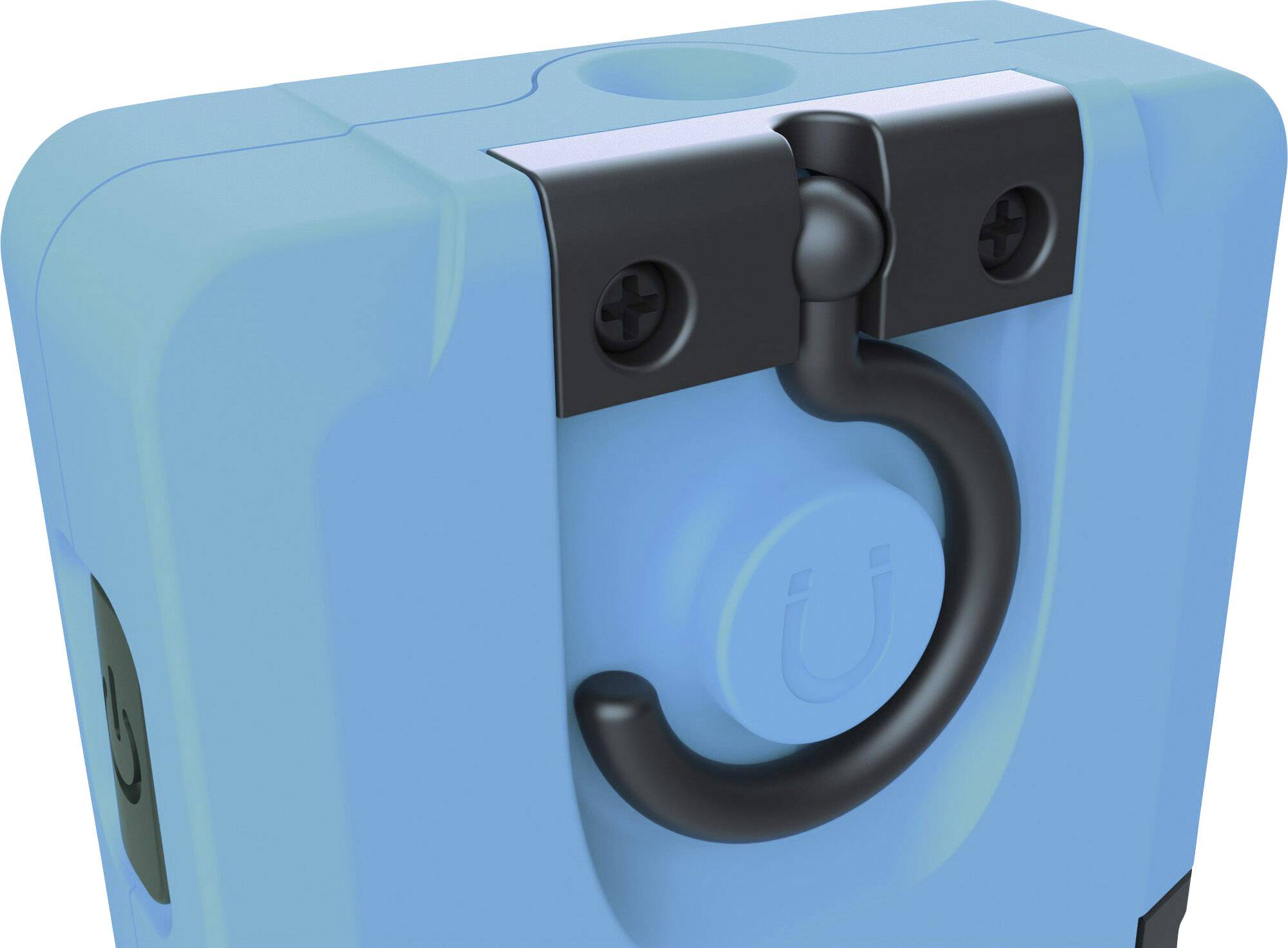 Ein blaues Gehäuse mit einem schwarzen Griff und Schrauben, vermutlich Teil eines Geräts oder Verschlussmechanismus.