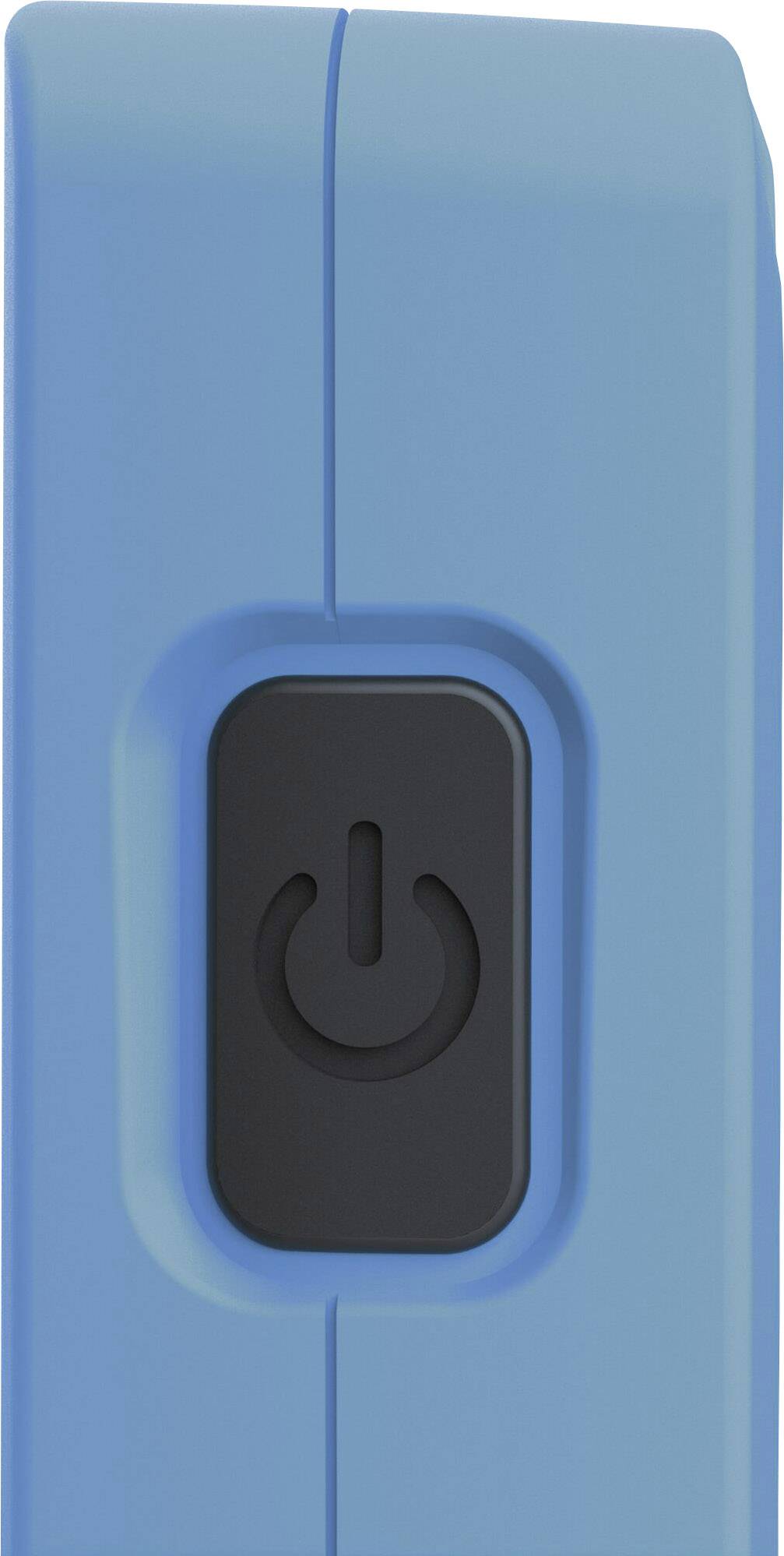 Blauer Kunststoff mit schwarzem Ein-/Ausschalter, deutlich sichtbar.