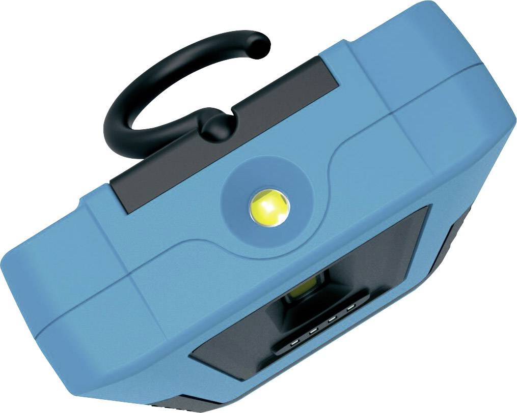 Blaue Taschenlampe mit Haken und leuchtender gelber Linse, geeignet zum Aufhängen und zur Nutzung als Arbeitslicht.