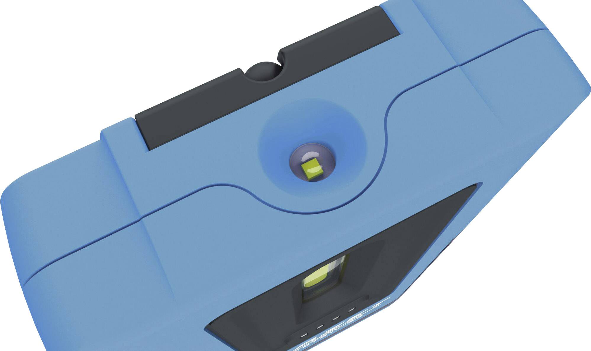 Blaues laserbasiertes Messgerät in Nahaufnahme, zeigt eine kleine Linse oben.