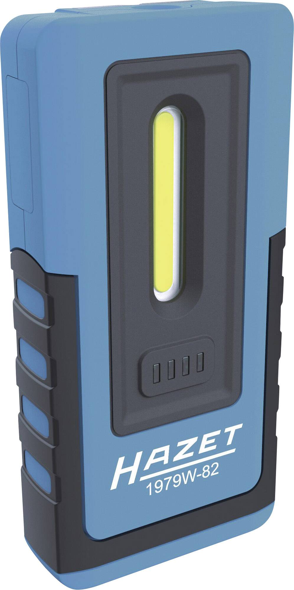 Tragbare blaue Arbeitsleuchte von Hazet mit einem zentralen LED-Lichtstreifen, Modellnummer 1979W-82, für Werkstattgebrauch.