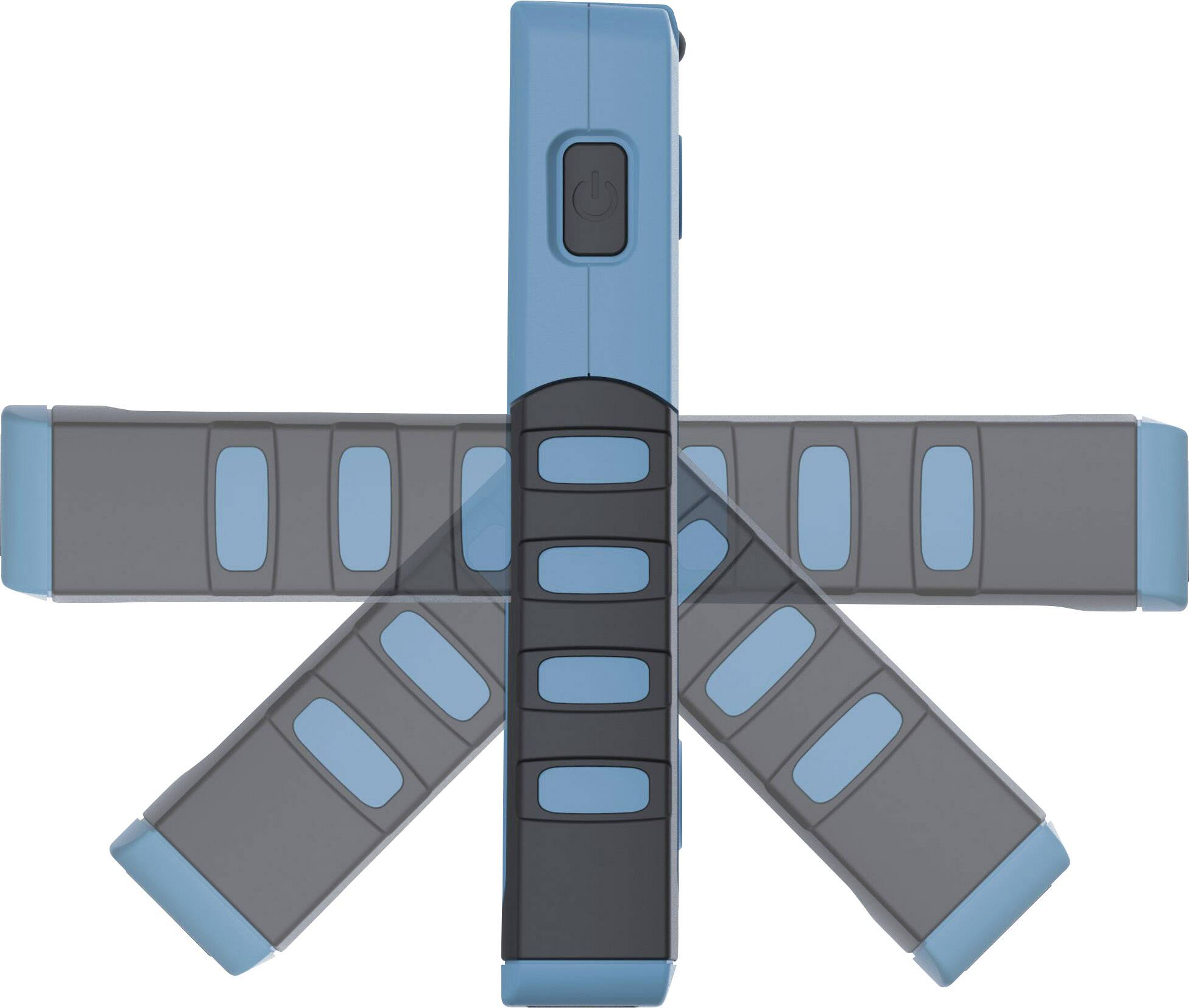 Tragbares, blau-schwarzes LED-Arbeitslicht mit drehbarem Arm in vier Positionen für flexible Beleuchtung.