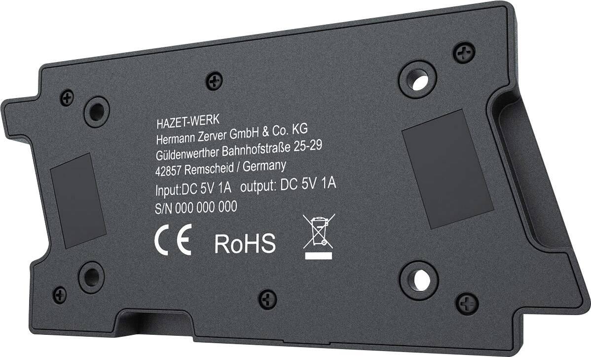 Schwarze Geräteseite mit Aufschrift: 'HAZET-WERK, Herman Zerver GmbH & Co. KG'. Enthält Kontaktinformationen und technische Daten.