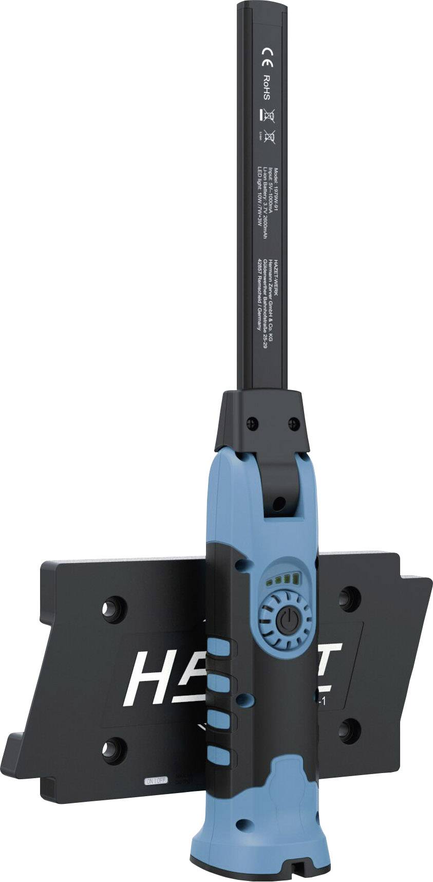 Ein blauer digitaler Reifenfüllmesser mit einem schwarzen Display und Knöpfen. Er steht aufrecht und ist mit 'Haze' gekennzeichnet.