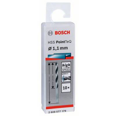 Bohrer-Verpackung von Bosch, 'HSS PointTeQ' mit 1,1 mm Durchmesser, 10 Stück, hervorgehoben: hohe Geschwindigkeit und Präzision.
