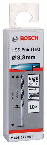 Bohrer-Verpackung von Bosch, mit 'HSS PointTeQ Ø 3,3 mm' gekennzeichnet. Beinhaltet 10 Stück, geeignet für Hochgeschwindigkeitsbohrungen.