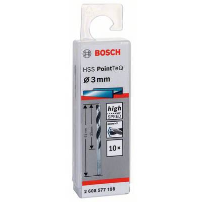 Verpackung eines Bosch HSS PointTeQ Bohrers, Durchmesser 3 mm, Länge 61 mm. Enthält 10 Stück, geeignet für High-Speed-Bohren.