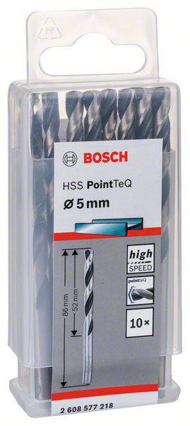 Packung mit 10 HSS PointTeQ Bohrern von Bosch, Ø 5 mm, in einer transparenten Kunststoffbox. Geeignet für präzises Bohren in Metall.