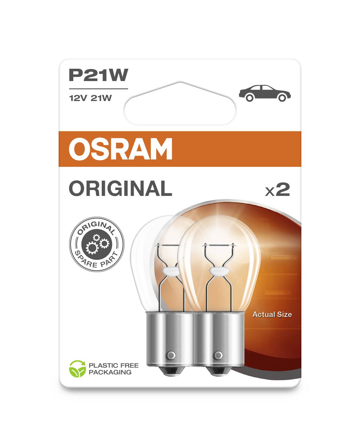 'OSRAM P21W 12V 21W' Auto-Glühlampenpackung mit zwei Glühbirnen als Ersatzteil. Verpackung ist plastikfrei.