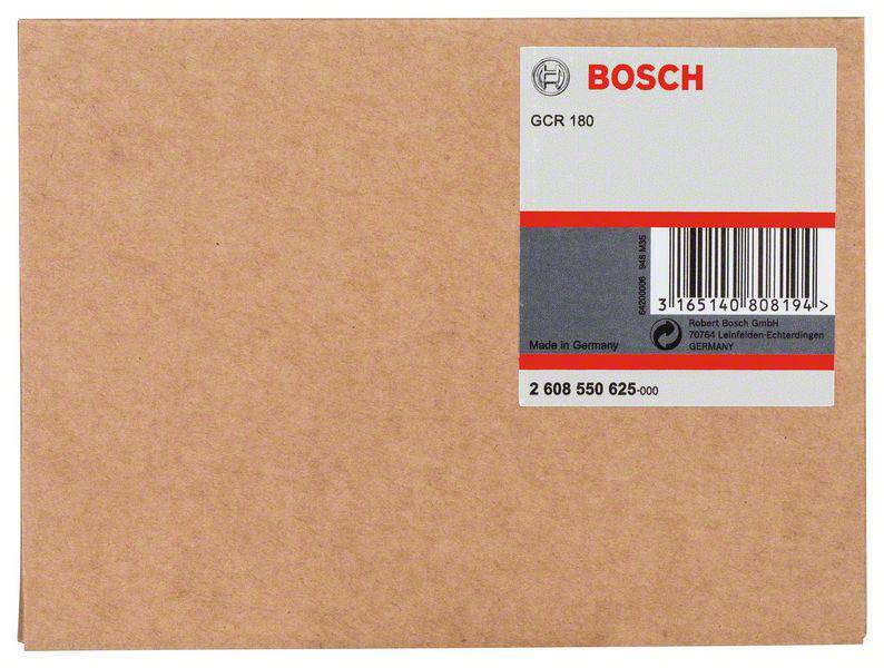 Eine braune Verpackung mit BOSCH-Logo, Produktcode 'GCR 180', Barcode und 'Made in Germany'-Hinweis. Marken- und Produktionsdetails.