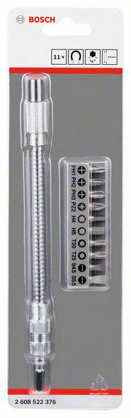 Verpackung von Bosch mit einem magnetischen Bithalter und einer Auswahl von Bits für Schraubendreher, geeignet für präzise Arbeiten.