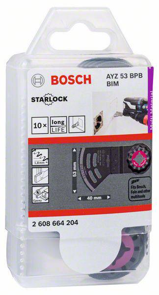 Verpackung eines Bosch Starlock-Sägeblatts, Modell AYZ 53 BPB BIM, passend für vielseitige Materialien. Enthält 10 Stück.