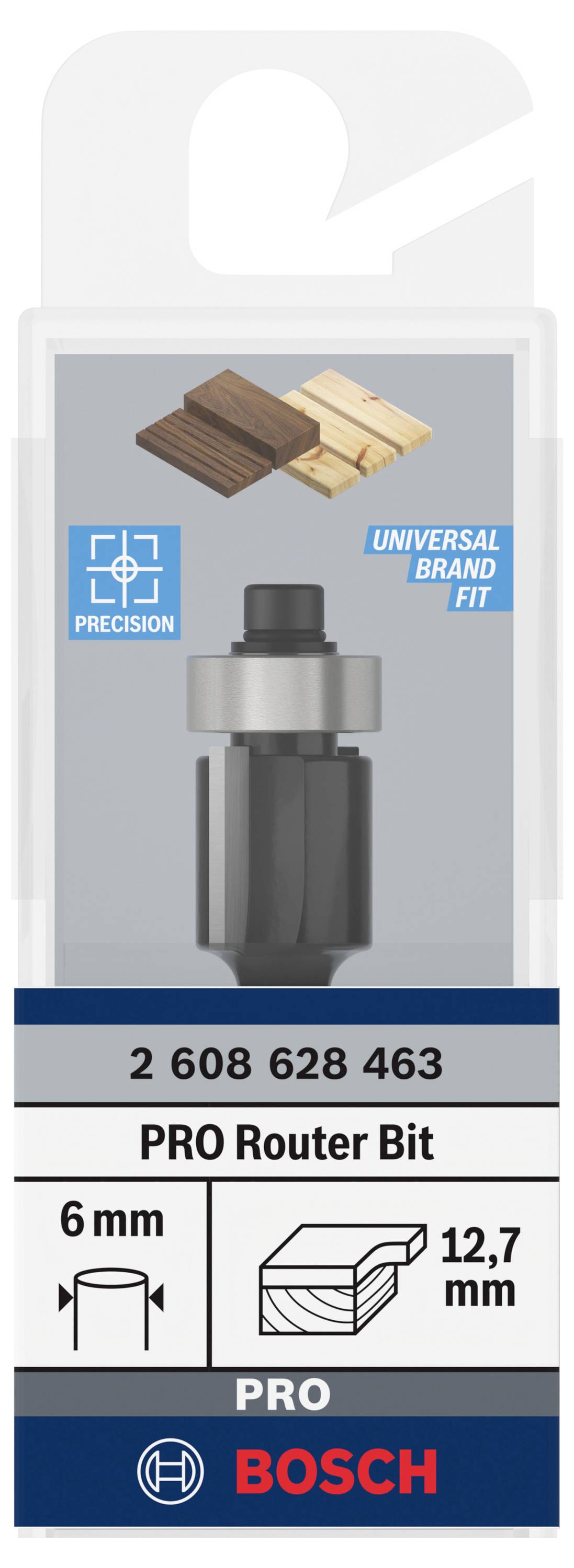 'Bosch PRO Fräser, Durchmesser 6 mm, Schnitttiefe 12,7 mm, für präzises Fräsen, geeignet für verschiedene Holzanwendungen.'