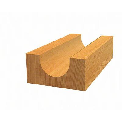 Holzblock mit halbkreisförmiger Rille in der Mitte, zeigt Verarbeitung oder Gebrauch als spezielles Bauteil oder Werkzeug.