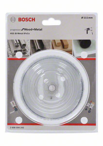 Verpackung einer Lochsäge 'Bosch Progressor' für Holz und Metall, 111 mm. Abgebildet: Sägeblatt und Anwendungsbeispiele.