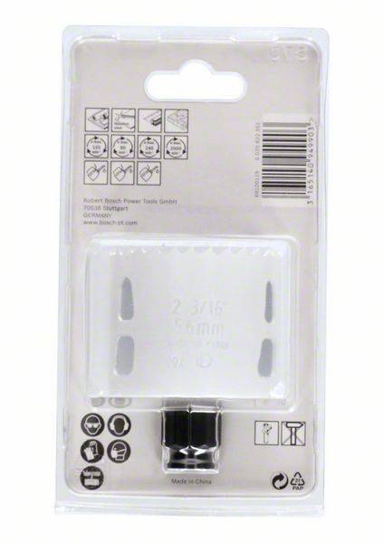 Verpackung mit einer Lochsäge von Bosch, Durchmesser 56 mm, in Blisterverpackung. Herstellerlogo und Details oben.