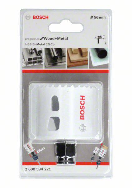 Bohrer-Set von Bosch, speziell für Holz und Metall. Verpackung zeigt Aufsätze und Anwendungsbeispiele.