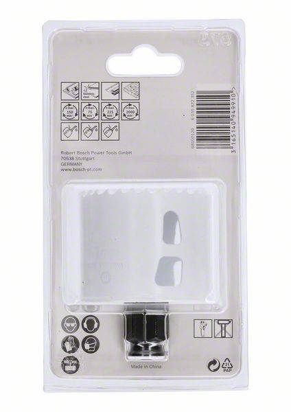 Verpackung eines Sägeblattsatzes mit bebilderten Anweisungen zur Verwendung und Sicherheitstipps. Enthält einen Metallaufsatz.