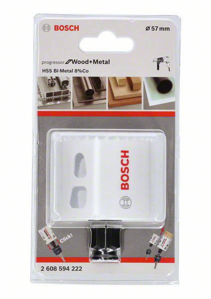 Bohrkrone für Holz und Metall von Bosch, Durchmesser 57 mm, in einer Verpackung; zeigt Produktbild und Anwendungsbeispiele.