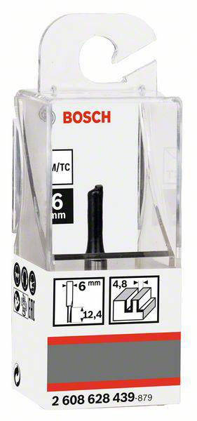 Bohrer für Holzarbeiten in originaler Bosch-Verpackung. Zeigt einen 6 mm Fräser mit Maßen 4,8 mm und 12,4 mm, geeignet für präzise Schnitte.